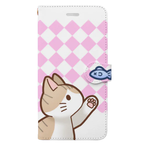 お魚にゃーバージョン２　茶白　ピンクダイヤ柄　上下白ライン Book-Style Smartphone Case