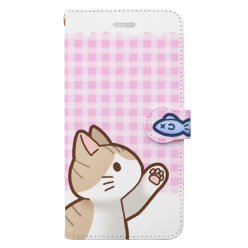 お魚にゃーバージョン２　茶白　ピンクチェック柄　上下白ライン Book-Style Smartphone Case