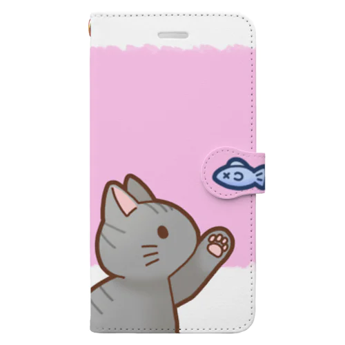 お魚にゃーバージョン２　サバトラ　ピンク　上下白ライン Book-Style Smartphone Case