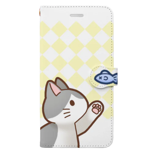 お魚にゃーバージョン２　灰白猫　イエローダイヤ柄　上下白ライン Book-Style Smartphone Case