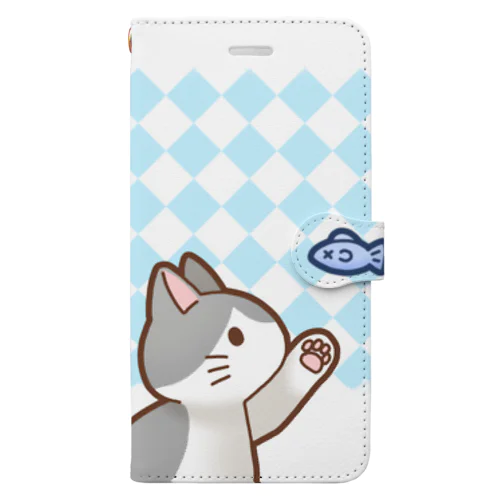 お魚にゃーバージョン２　灰白猫　ブルーダイヤ柄　上下白ライン Book-Style Smartphone Case