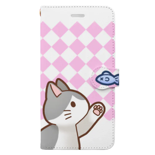 お魚にゃーバージョン２　灰白猫　ピンクダイヤ柄　上下白ライン Book-Style Smartphone Case