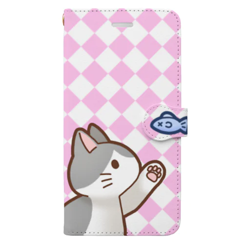 お魚にゃーバージョン２　灰白猫　ピンクダイヤ柄 Book-Style Smartphone Case