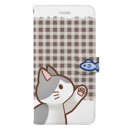 お魚にゃーバージョン２　灰白猫　ブラウンチェック柄　上下白ライン Book-Style Smartphone Case