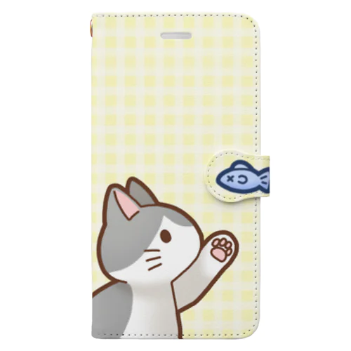 お魚にゃーバージョン２　灰白猫　イエローチェック柄 Book-Style Smartphone Case
