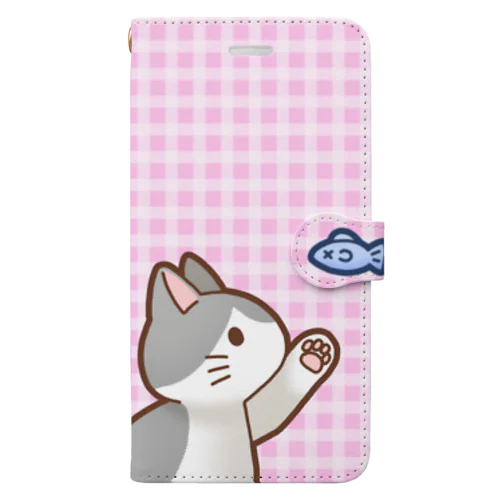 お魚にゃーバージョン２　灰白猫　ピンクチェック柄 Book-Style Smartphone Case