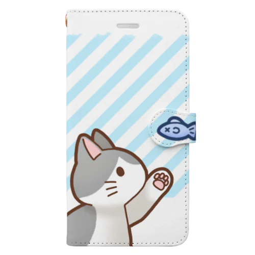 お魚にゃーバージョン２　灰白猫　ブルーストライプ　上下白ライン Book-Style Smartphone Case