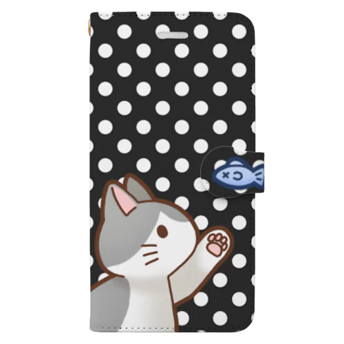 お魚にゃーバージョン２　灰白猫　ブラック水玉柄 Book-Style Smartphone Case