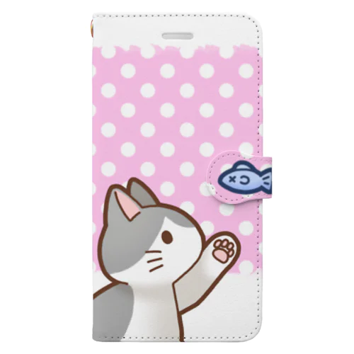 お魚にゃーバージョン２　灰白猫　ピンク水玉柄　上下白ライン Book-Style Smartphone Case