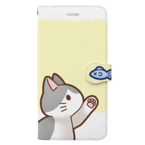 お魚にゃーバージョン２　灰白猫　イエロー　上下白ライン Book-Style Smartphone Case