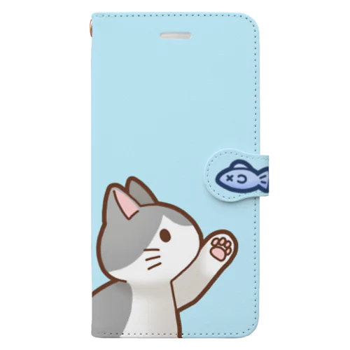 お魚にゃーバージョン２　灰白猫　ブルー Book-Style Smartphone Case