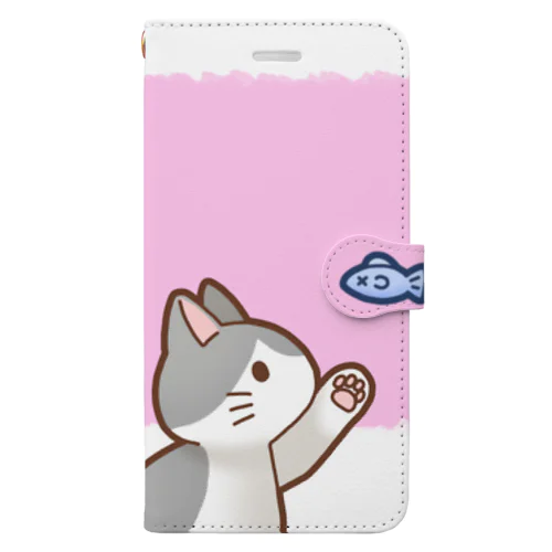 お魚にゃーバージョン２　灰白猫　ピンク　上下白ライン Book-Style Smartphone Case