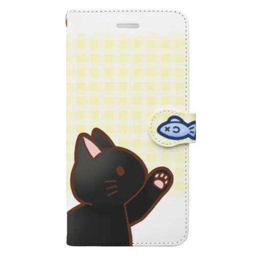 お魚にゃーバージョン２　黒猫　イエローチェック柄　上下白ライン Book-Style Smartphone Case