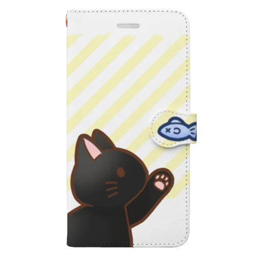 お魚にゃーバージョン２　黒猫　イエローストライプ　上下白ライン Book-Style Smartphone Case