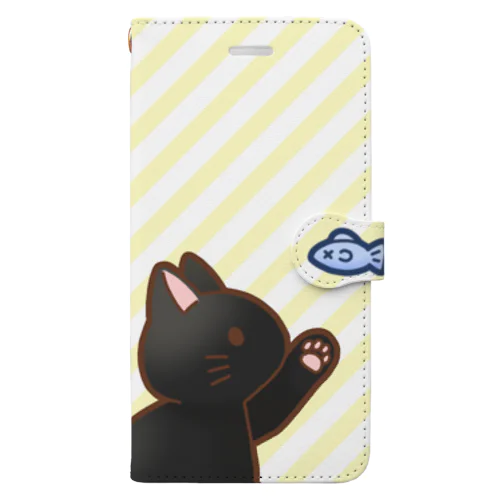 お魚にゃーバージョン２　黒猫　イエローストライプ Book-Style Smartphone Case