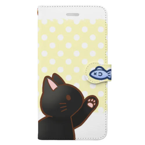 お魚にゃーバージョン２　黒猫　イエロー水玉柄　上下白ライン Book-Style Smartphone Case