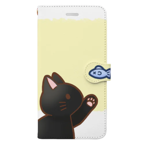 お魚にゃーバージョン２　黒猫　イエロー　上下白ライン Book-Style Smartphone Case