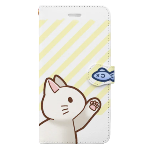 お魚にゃーバージョン２　白猫　イエローストライプ　上下白ライン Book-Style Smartphone Case