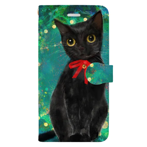 赤いリボンと鈴をつけたミステリアスな黒猫のイラスト Book-Style Smartphone Case
