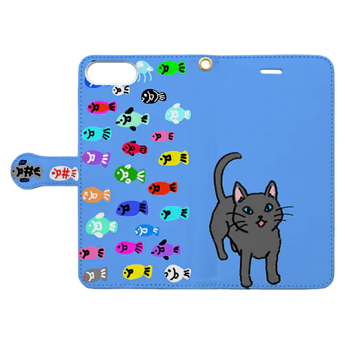 猫とお魚柄（ブルー） Book-Style Smartphone Case