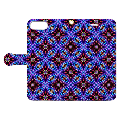 (小花)紫の花の幾何学模様 手帳型スマホケース