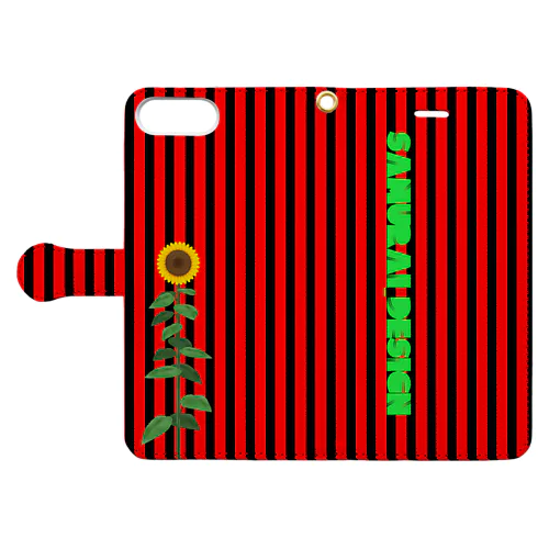 向日葵×赤黒ストライプ Book-Style Smartphone Case