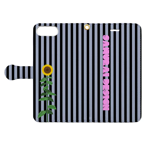 向日葵×グレー黒ストライプ Book-Style Smartphone Case