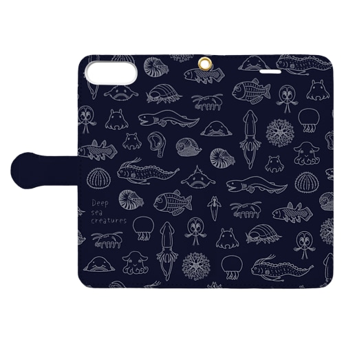 深海生物集合（ライン）ネイビー Book-Style Smartphone Case