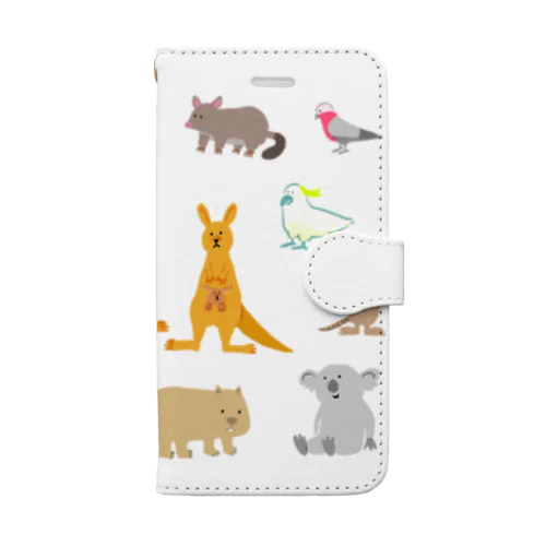 タスマニアデビル、カモノハシ、カンガルー、コアラ、 クオッカ、コアラ、タスマニアタイガー、フェアリーペンギン、ポッサム、ハリモグラ、ウォンバット、モモイロインコ、クカトゥー。オーストラリアの動物達 Book-Style Smartphone Case