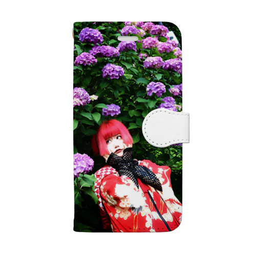 紫陽花に囲まれた着物の赤髪さん Book-Style Smartphone Case