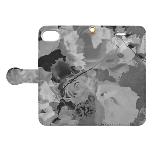 花　手帳型iPhoneケース（グレー） Book-Style Smartphone Case
