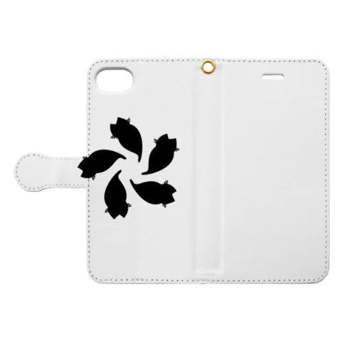 動物家紋。H.T.（変わり散り桜５ネコ）黒 Book-Style Smartphone Case