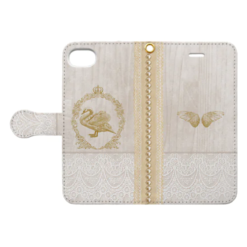 木とレースと真珠の手帳型スマホケース『はくちょうの国』🦢スワン swan🦢翼 羽 シャビーシック Book-Style Smartphone Case