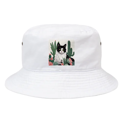 ハチワレ白黒猫とサボテン Bucket Hat