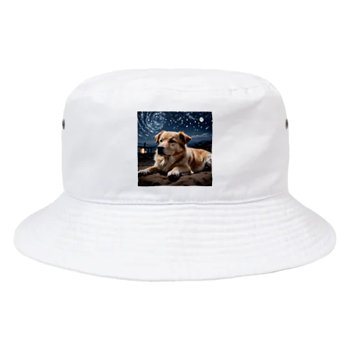 夜の静寂に包まれた写真には、一匹の夜行性の犬が佇んでいます。 Bucket Hat