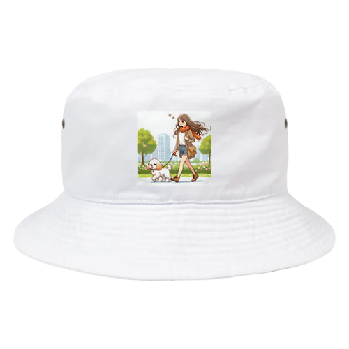 かわいい犬と散歩をする女性 Bucket Hat