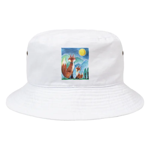 キツネの親子と月 Bucket Hat