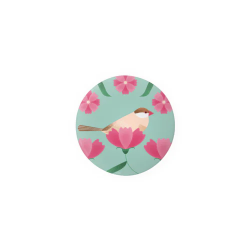 ピンクの花とシナモン文鳥の缶バッジ Tin Badge