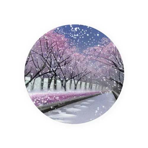 夜の桜並木に雪 Tin Badge