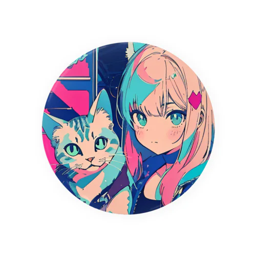 猫と猫耳の女の子 Tin Badge