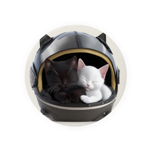 猫型ヘルメットで眠る黒猫と白猫 Tin Badge