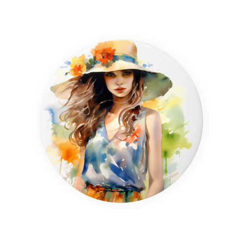 Lovely Flower-Hat Girl in Nature 缶バッジ