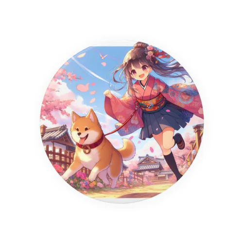 桜の中を犬と走る女の子 Tin Badge