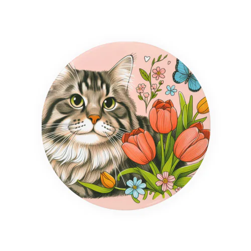 猫とチューリップ Tin Badge