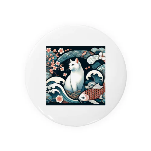 和紋様 x 猫　鯉と桜と波 Tin Badge