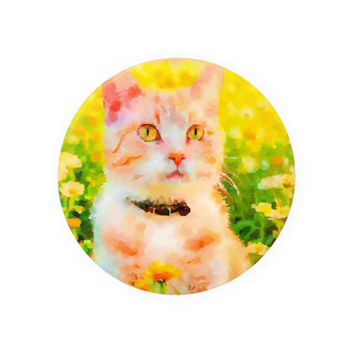 猫の水彩画/花畑のチャシロねこのイラスト/茶白ネコ Tin Badge