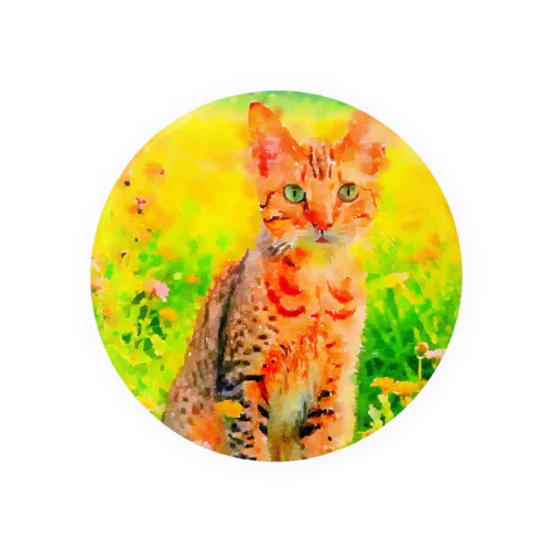 猫の水彩画/花畑のオシキャットねこのイラスト/キジトラネコ Tin Badge