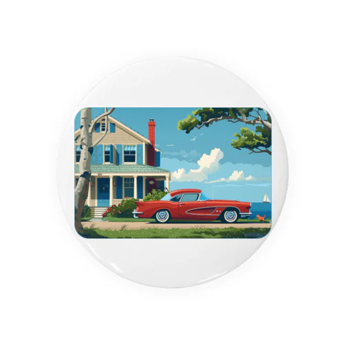 赤いコルベットと海辺の家　－　red corvette and seaside house　－ Tin Badge