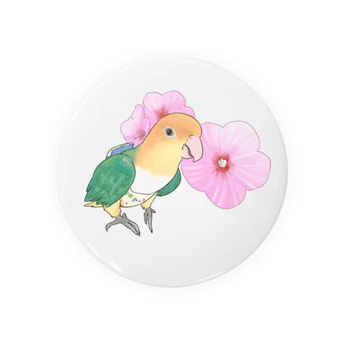 お花とシロハラインコちゃん【まめるりはことり】 Tin Badge