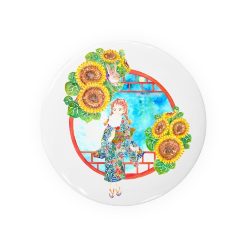 「窓際の夏」昼・向日葵縁・浴衣の女の子 Tin Badge
